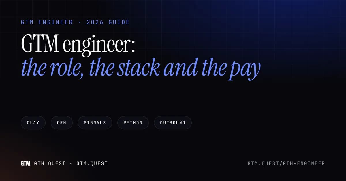 GTM engineer: the role, the stack and the pay Title card reading GTM engineer: the role, the stack and the pay, with the tools Clay, CRM, signals, Python and outbound.